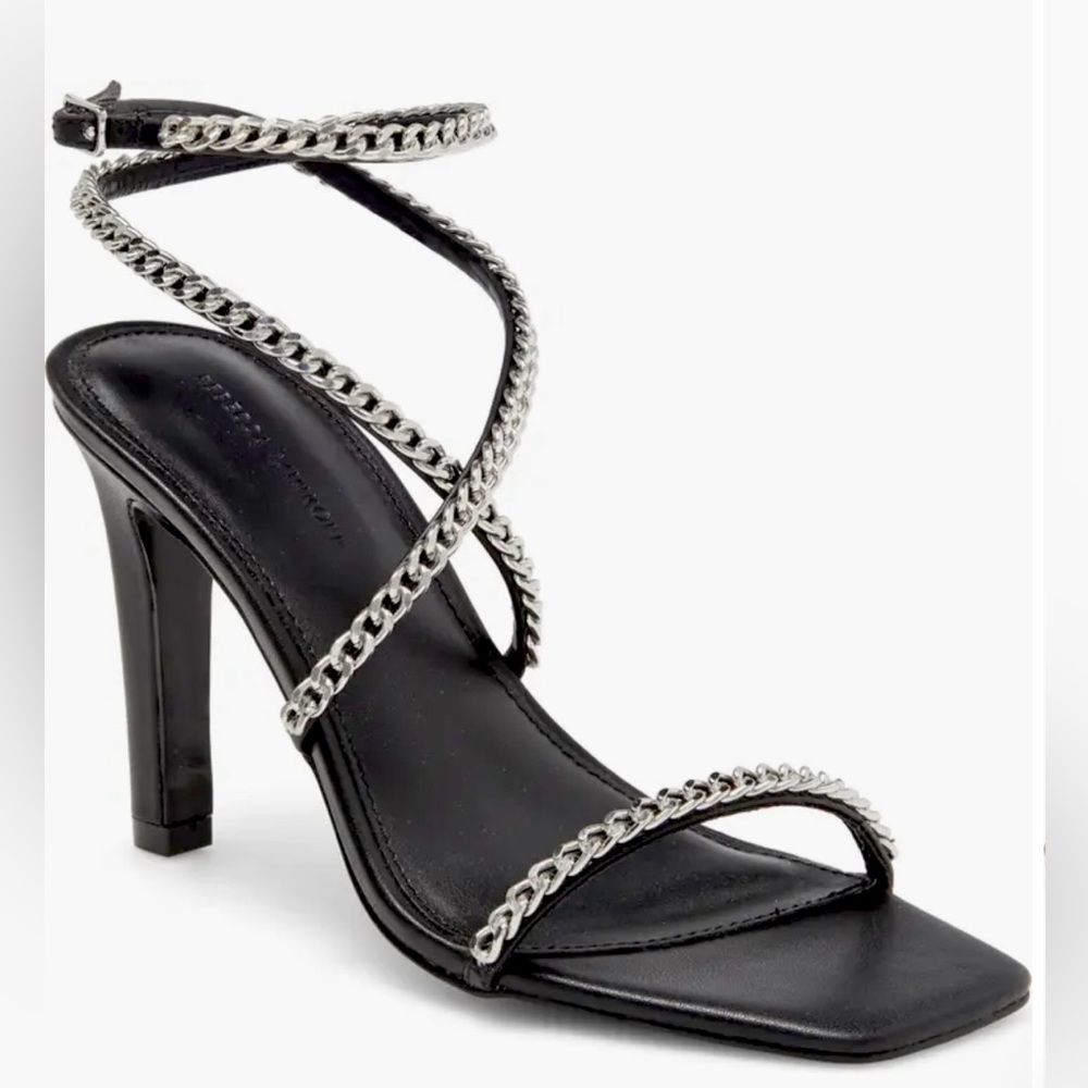 Rebecca Minkoff Edie Chain Strappy Black Heels Size 7.5‎ Leather Square Toe
